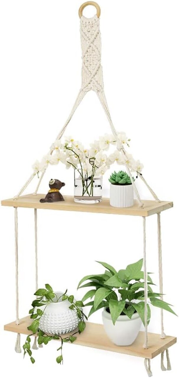 Beige Macrame Wall Hanging Shelf – 2-Tier Boho Floating Shelves with Cotton Rope, Perfect for Plants, Photos, Tissues, Towels, and Rustic Home Décor in the Living Room, Bedroom, Bathroom, or Hallway.